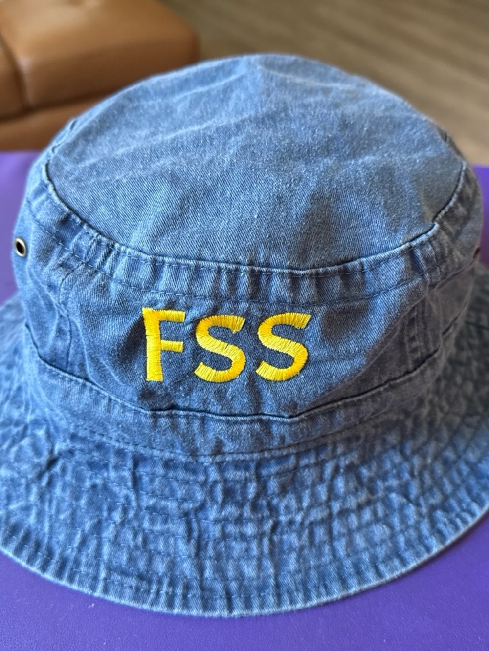 Kids Blue Denim Bucket Hat with Yellow 'FSS' Embroidery